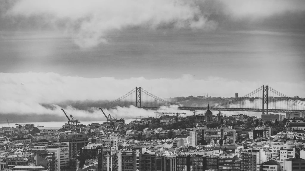 Aerial view of Lisbon Tagus riverfront at dawn